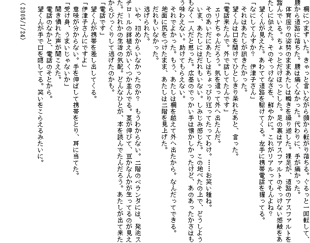 �@��ɂ܂������B������ƌ����Ȃ��瓪����]���藎����B������ƈ��]���āA�����瓹�H�ɗ������B���͒ɂ��Ȃ������B����ɁA�肪�ɂ������B
�@�̈����̎p���̂܂܂������͏u�����J��Ԃ����B�������A���H�̃A�X�t�@���g�𓥂�ł���B������Ƃ����ق��Ƃ����B���̗��̓A�X�t�@���g�̂������Ȃ����G���������ɓ`�����B���̂������Ȃ����A�N�₩�ɁB���ꂪ���A�����Ă����ˁH
�@�]���񂪌������B����Ăē��H���삯�Ă���B����Ɍg�ѓd�b�������Ă�B
�u�Ȃɂ��Ă񂷂��H�@�ɒÎq����v
�@����͂��������u�����������B
�@�]����͌����J���ĂЂƂ�������ꂽ���ƁA�������B
�u�d�b������ŁB�O�Řb���Ă���ł��v
�@�G���i����񂾂낤�B�C�������ĊO�֏o���񂾁B
�@���̂������ɂ������͂�����҂苶���Ă����Ă킯�B�c�c���΂���ˁB
�@���܁A�������ɂ͂�������Ȃ��B���݂��݊������B���̒n�ׂ��̏�ŁA�ǂ����悤���Ȃ���l���Ǝv�����B�L��̂ł�������͉��������������ǁA���̂����������͂������킦�Ȃ��B�����Ă��炦�Ȃ��B
�@����ł悩�����B�����A�������͍���z���ĊO�֏o������B�Ȃ񂾂��Ăł���B
�@�n�ʂɐK�������܂܁A�������͓�K�����グ���B
�@��������Ȃ������B
�@������ꂽ�B
�@����A���߂��炢�Ȃ������̂��H�@�����킩��Ȃ��B��K�̃x�����_�ɂ́A���A�X�`���[���̔��A��������������ł�B�s���L�тāA�����Ȃ񂩂������Ă�̂��������B���ꂩ�̐����̋C�z�B�ǂ�ȂЂƂ��A�{��ǂ�ł��񂾂낤�B���������o�ė�������т����肵�ē������̂����B
�u�d�b�ł��v
�@�]���񂪌g�т������o���Ă���B
�u�ɒÎq����ɂł���v
�@�Ӗ���������Ȃ��B���L�΂��Čg�т��Ƃ�A���ɓ��Ă��B
�u�󂯐g�A���܂�����Ȃ����v
�@�������ꂽ�������������B
�@�d�b�̂Ȃ��ƁA�d�b�̂��Ƃ���B
�@�]���񂪎�Ō����B���Ă�B�΂������炦��݂����ɁB
                                      �q2005/1/24�r�@�@�@�@�@�@�@�@�@�@�@�@�@�@�@�@�@                              �@�@�@
