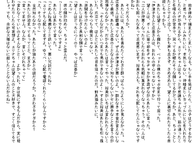 �@�������߂ĕ߂܂��Ă��܂������Ȃ�B����������΂�����A���̎q�͂ǂ����邩�ȁA�Ǝv�����B�Q�[���݂����ɁB�{�C����Ȃ��A���r�܂����J�b�v���Ƀq�r����ꂽ�肵����o�`�������邩��B�G���i�����͂�����ƕs�v�c�����n�ŁA�؂̒ʂ������Ƃ𒝂�̂����ŁA�΂��Ă邩���������Ȋ炵�Ă邩�ǂ������B���ƁA������Ƃ������Ƃł悭�����B�����������o�����A���߂��߂ƁB�]����ɗ��؂�ꂽ�肵���玩�E�����Ⴄ�����B
�@�������͖]���񂩂痣��āA�x�b�h�̉��̂���ԑ�܂ōs���č������B
�u�ɒÎq����ƍL���́A�����̒��S����Ȃ��ł����v
�@�]����́A�{�[���ɔ��ŗ����`���J�`���J���������Ȃ��炠�����Ɍ������B
�u��l���������Ȃ����肵���炨�����C�y�ɏW�܂�Ȃ��Ȃ����Ⴄ�B���̂ւ�́A������������Ȃ����Đ����v���܂��B�T��������A�����S�z���Ă��񂶂�Ȃ��ł����ˁv
�@�������낤���B
�@�������ɂ́A��������ӂ߂����Ă킴�Ɛ����ς�����悤�ɂ��������Ȃ������B�u�L���͊Ԉ���ĂȂ��B����ԈɒÎq�������̂�B�v����Ȃ���{���������Ȃ��Ȃ�čŒ�B�������ƍL��̂��ƂȂ񂩂悭�m������Ȃ��N�Z�ɏ���Ȃ��Ƃ������̂��䖝�Ȃ�Ȃ������B�����炠�����͌����Ă�����A�T���������΂񌾂�ꂽ���Ȃ����Ƃ��B�u����Ȃ����炢�܂ł��j���ł��Ȃ��̂�I�v����ƗT���͂������������~�����B�ܗ��ĂāA�ق�Ƃɂ������̖ڂ�_�����̂��B��ǔL�݂����ɁB
�@����Ȃ�����e�F����Ȃ��B
�u�h���𕪂����炢���̂�v
�@�������͂킴�Ɛ^���Ȋ�Ō������B
�u�]����͂ǂ����ɂ��́H�@����ύL��v
�u���b�v
�@�ނ̊炪���߂āA������Ƙc�񂾁B
�u�c�c�ǂ����ł��Ȃ��ł���v
�@�������͂���ĂČ������B
�u���߂�˔n���Ȃ��Ɛu���āB������k�������ˁv
�u�G���i���S�z���Ă܂���B�䂤�ׁA�S�z�œd�b���ꂽ���炢�Ȃ�ł�����v
�u���A�����Ȃ́H�v
�@�S�R�m��Ȃ������B���������Q�����Ƃ̘b���낤���B�킴�킴�J�i�_����H
�u�����������܂��Ă���Ă��ƁA�܂����v
�u�����Ă܂���B�Ȃ񂩁A�������тꂿ����āv
�u����Ȃ��Ă����̂悻��Ȃ��ƁI�@�悩������B���͋C�ɂ�����񂾂���B�ςɋ^�킹���肵������z��B�G���i�����͖]����̂��Ƒ�D���ŁA�������M���Ă�ł���B�ł��A�]�v�ȉΎ�͂Ȃ��ɉz�������ƂȂ��񂾂���ˁv
