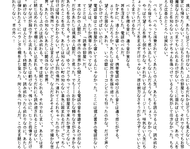 �@���ɂ��܁A�������͂ǂ��ւ��s���Ȃ��B��ɂ��邾�ꂩ�͂ǂ����Ă������Ȃ����A�Ƃɂ��A�肽���Ȃ��B�����͂��Ƃ��Ƃ������̕�������Ȃ��āA����łȂ��Ă����ז����Ȃ񂾂��炢�܂ł�������킯���Ȃ��B�����ɋ���΂���قǁA���́A�l���^�����Ƃ�m��Ȃ��G���i�����������Ă���悤�ȋC�����Ďd���Ȃ������B�������L��̂Ƃ���ւ͖߂�Ȃ��B
�@�ǂ����悤�B
�@�؂���A�؂���Ə����Ă����������̐l���B��������ǂ�ł�l�́A�ǂݏI�������̂Ă�����Ă����v���o�������Ȃ��񂾂낤�ȁB�������傤�B�ނ����B
�@����ς�]����������|�������ȁB���ꂪ�����΂�C�[�W�[���B���C�Ȃ��l���ɂ�����Ƃ����X�p�C�X���܂Ԃ���������Ȃ��B�ނ͘r�͂Ȃ�����������͂����ł����Ƃ���܂ł����邩���B
�@�y�[�W�����鉹�ɁA�Ⴄ�����d�Ȃ�B
�@���𐟂܂����B�d�b�̃x�����B
�@�������ɁA�������狿���Ă���B�g�ѓd�b�̌Ăяo�����Ƃ͈Ⴄ����������B
�@�G���i����񂾂낤���B�������͑䏊�̕���U��Ԃ����B
�@�]���񂪋��Ȃ��B������A���̊ԂɁc�c�R���r�j�ł��s�����̂��ȁB�����ǐ����炢�����Ă��΂����̂ɁB
�@�d�b�̉��͂��̕������狿���Ă�񂶂�Ȃ������B�����ɂ͐����u���̓d�b���Ȃ��B�]����́A�������g�т��������ĂȂ��B
�@�Ă��Ƃ́A�ゾ�B�u�ǎ҂̕����v���B
�@�{�̂Ȃ��̐l�Ԃ��A�{�̊O�̐��E���畷�����Ă���d�b�̉����ӎ�����킯���Ȃ��B�����炠�����͌����̐l�Ԃ��A�Ǝv�����B�ł��c�c�������ȗ���Ȃ������������炠��������ł�B���������΁A�䂤�ׂǂ�����Ă��̕����܂ŗ����������ĂȂ��B�����炱�����o�Ă��A�������͒m��Ȃ����̒m��Ȃ��i�F�Ɉ͂܂�邾���B�ǂ����֍s���΋A��邩�킩��Ȃ��B���񂺂�ʂ̏ꏊ�֘A��Ă���ꂿ������̂����B���񂺂�ʂ̏ꏊ���āA�ǂ��Ƃ͌����Ȃ�����ǁA�Ȃ񂾂��悻�悻�����āA�s�m���Ȑ��E�B�������̒m��Ȃ��������Ɋ֌W�̂Ȃ����E�B
�@�܂��Ȃ���̐l�͓ǂݏI���B�ŁA�{�͕�����B����ł����܂��B�������͖{�ɕ����߂��Ė{�I�ɂ��܂����܂��B��������ɂ��ǂݕԂ���邱�Ƃ͂Ȃ��B
�@�C���Ȋ����e�̉����痬���B�������͓����Ȃ��B�|���̂ɁA�����Ɖ䖝���邾���B�����Ȃ��H�@�ق�ƂɁH�@�������Ԃ��Ȃ��B�ǂݏI�������I���Ȃ̂ɁB�������͒e���ꂽ�悤�Ƀx�����_�̍���悶�o�����B���������֍s���񂾁B���̂܂ܕ���ꂽ���Ȃ��A�{�̊O�ցI

